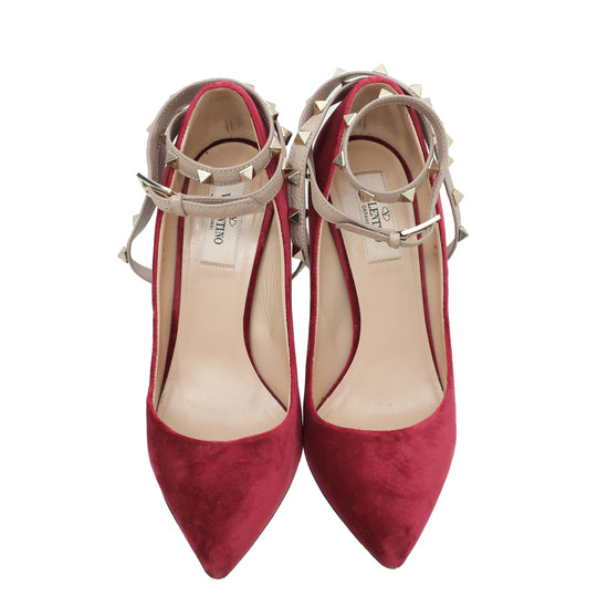 Valentino Red Velvet Rockstud Cross Ankle Strap Pumps 37