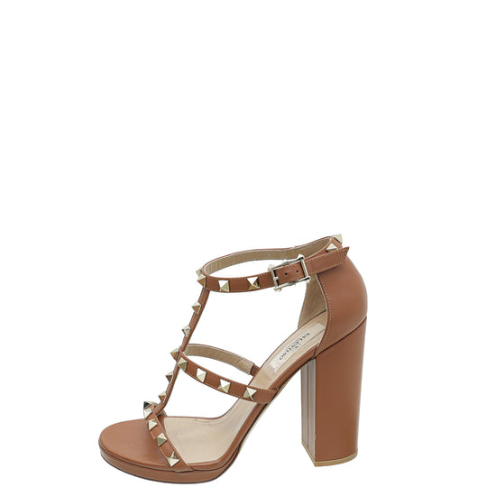 Valentino Saddle Brown Rockstud Ankle Strap Block Heel Sandal 37