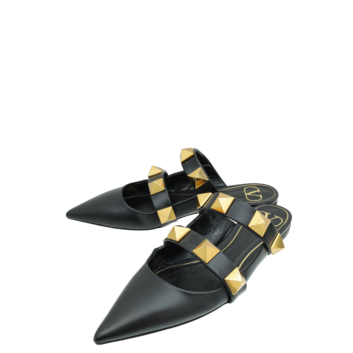 Valentino Black Roman Stud Flat Mules 37-Valentino-THE CLOSET
