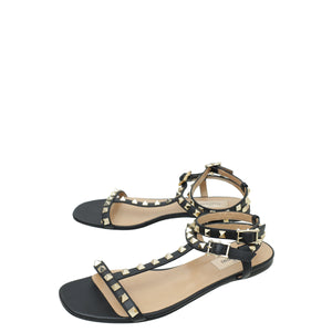 Valentino Black Rockstud Ankle Strap Flat Sandal 38