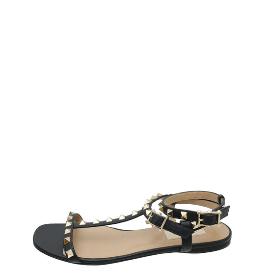 Valentino Black Rockstud Ankle Strap Flat Sandal 38