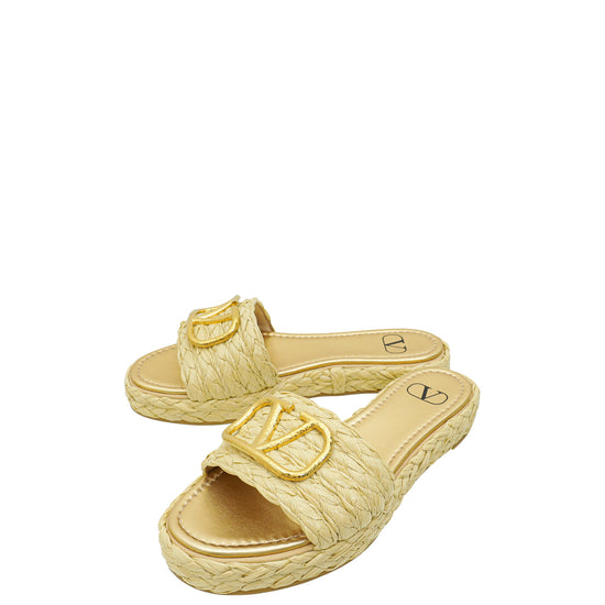 Valentino Natural Vlogo Raffia Vlogo Espadrille 5mm Flat Slide Sandals 38