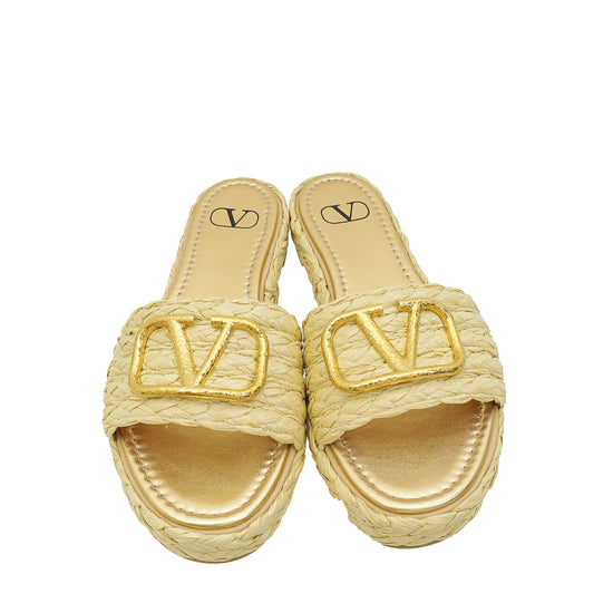 Valentino Natural Vlogo Raffia Vlogo Espadrille 5mm Flat Slide Sandals 38