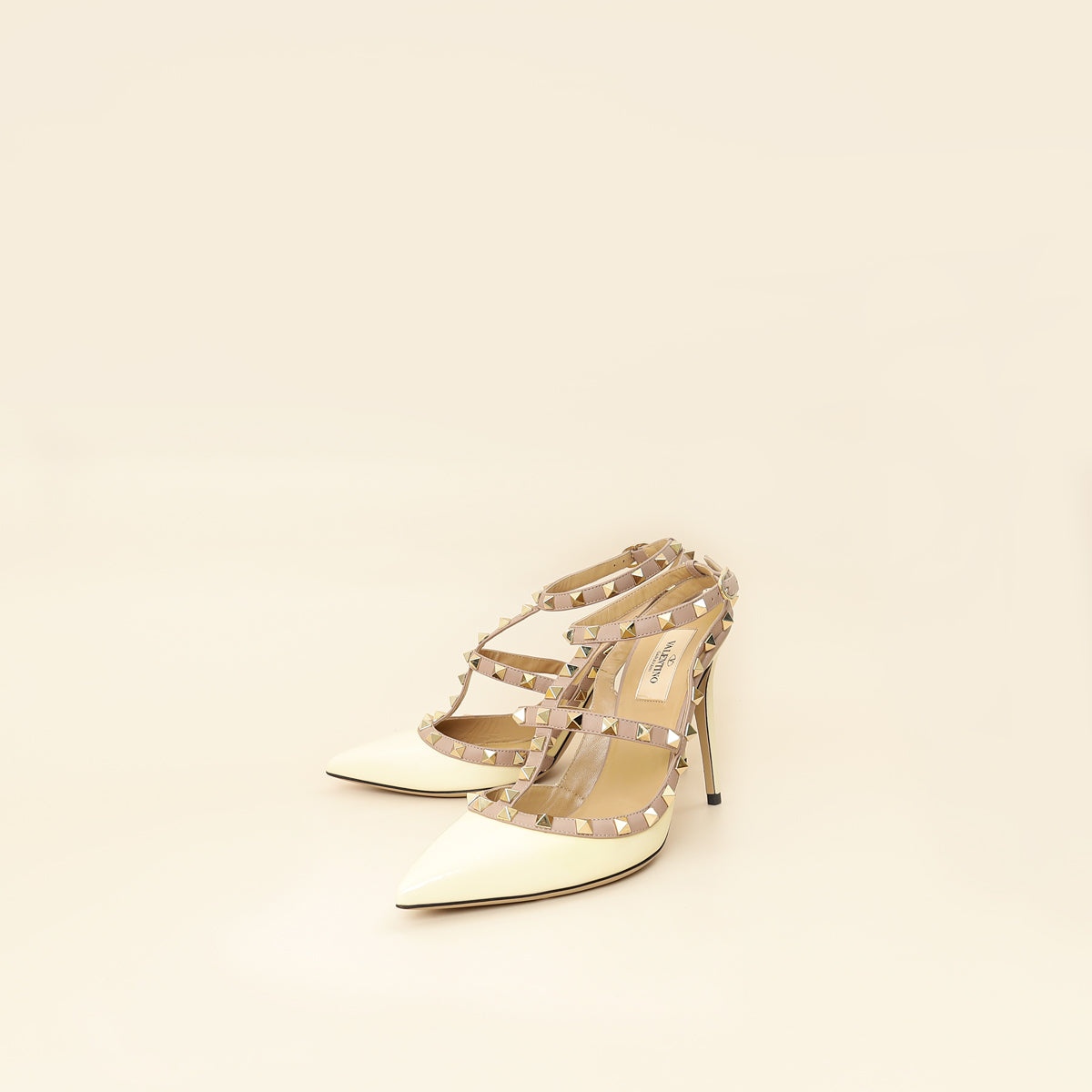 Valentino Cream Rockstud Caged Slingback Pump 39-Valentino-THE CLOSET