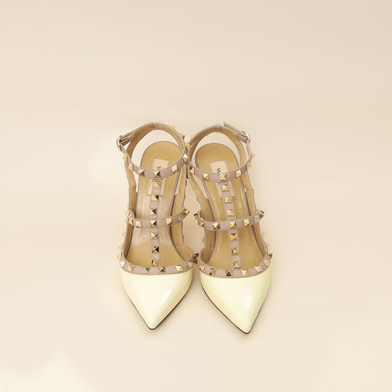 Valentino Cream Rockstud Caged Slingback Pump 39-Valentino-THE CLOSET