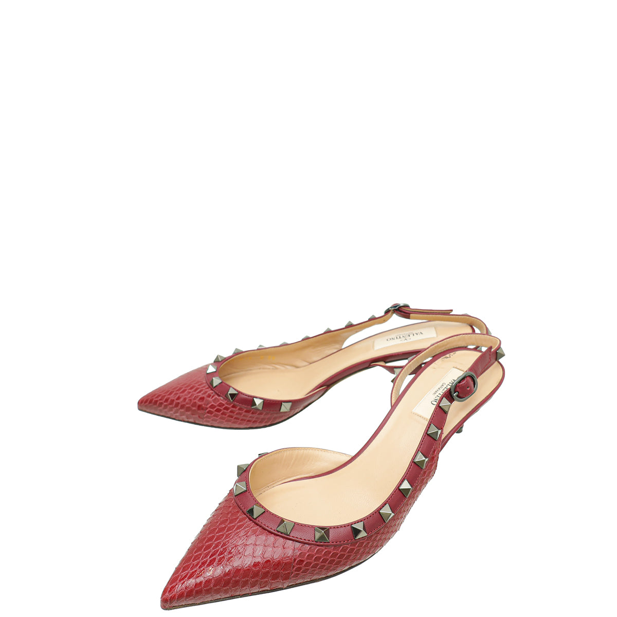 Valentino Burgundy Python Embossed Rockstud Slingback Pump 39-Valentino-THE CLOSET