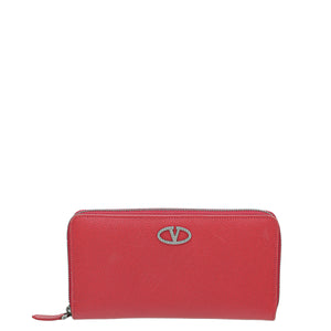 Valentino Red Crystal V Logo Zippy Wallet