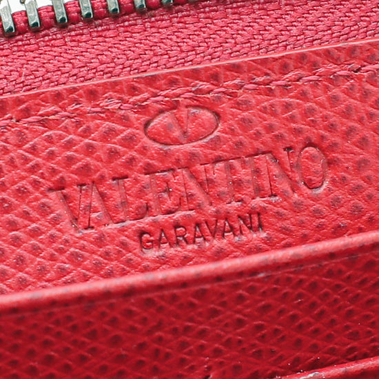 Valentino Red Crystal V Logo Zippy Wallet