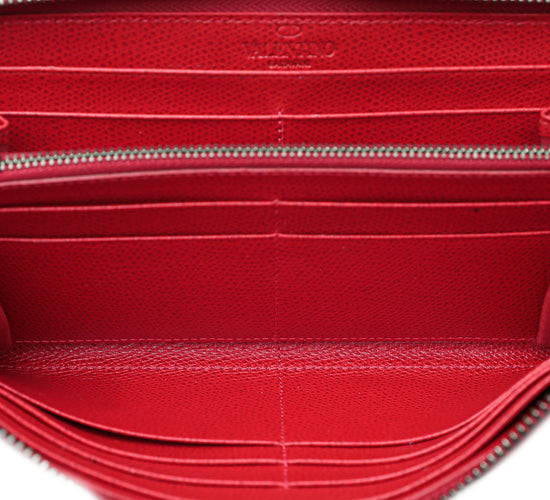 Valentino Red Crystal V Logo Zippy Wallet