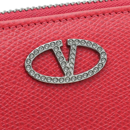 Valentino Red Crystal V Logo Zippy Wallet