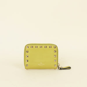 Valentino Yellow Green Rockstud Compact Zippy Wallet