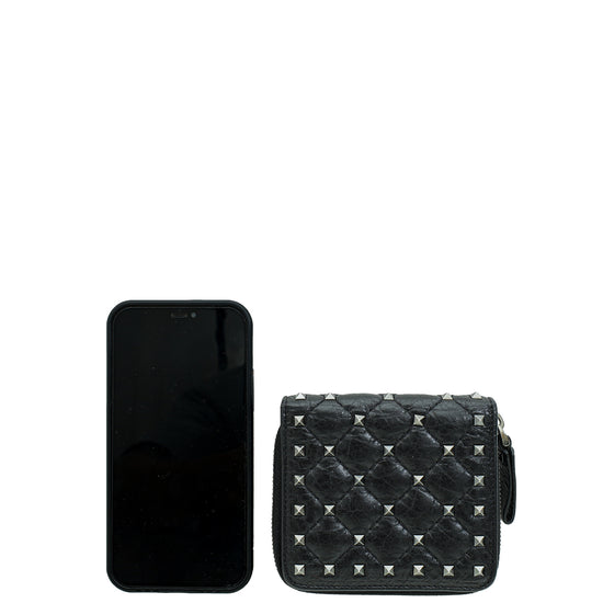 Valentino Black Spike Rockstud Zip Around French Wallet