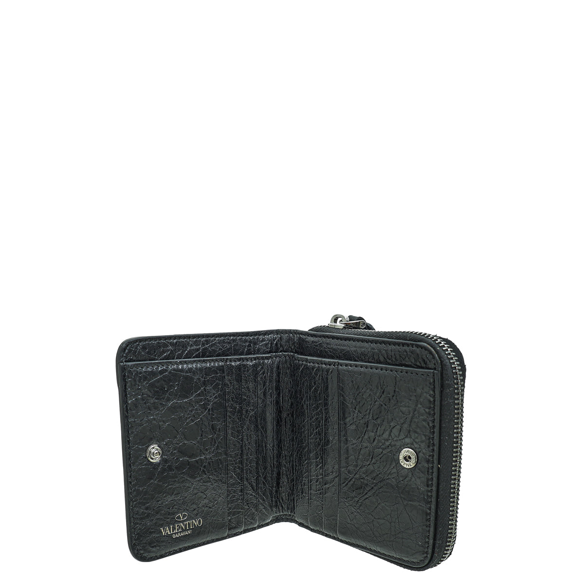 Valentino Black Spike Rockstud Zip Around French Wallet