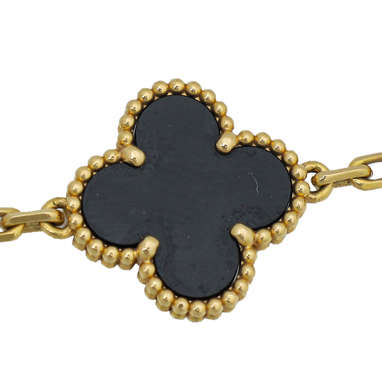 Van Cleef & Arpels 18K Yellow Gold Onyx 5 Motifs Vintage Alhambra Bracelet