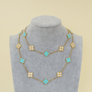 Van Cleef & Arpels 18K Yellow Gold Vintage Alhambra 20 Motifs Turquoise Diamond Necklace