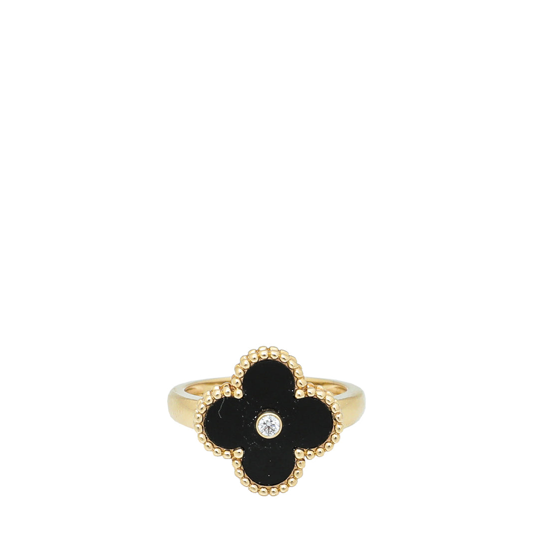 Van Cleef & Arpels Yellow Gold Diamond Onyx Vintage Alhambra Ring 53