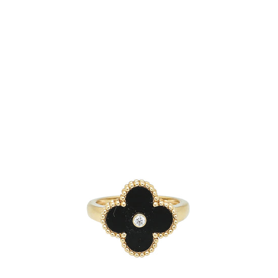 Van Cleef & Arpels Yellow Gold Diamond Onyx Vintage Alhambra Ring 53