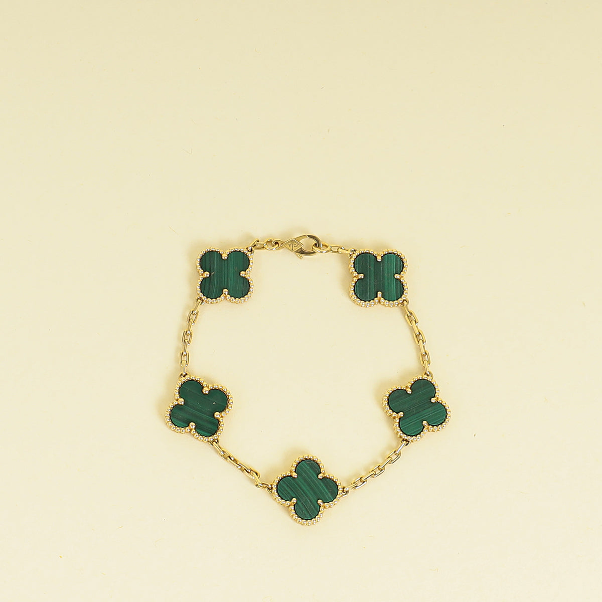 Van Cleef & Arpels 18K Yellow Gold Vintage Alhambra Malachite 5 Motifs Bracelet