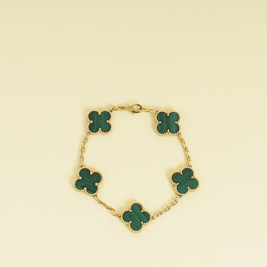 Van Cleef & Arpels 18K Yellow Gold Vintage Alhambra Malachite 5 Motifs Bracelet