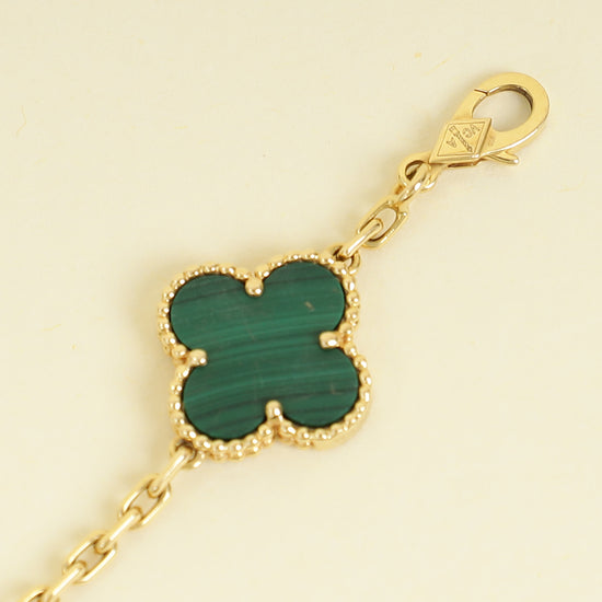 Van Cleef & Arpels 18K Yellow Gold Vintage Alhambra Malachite 5 Motifs Bracelet