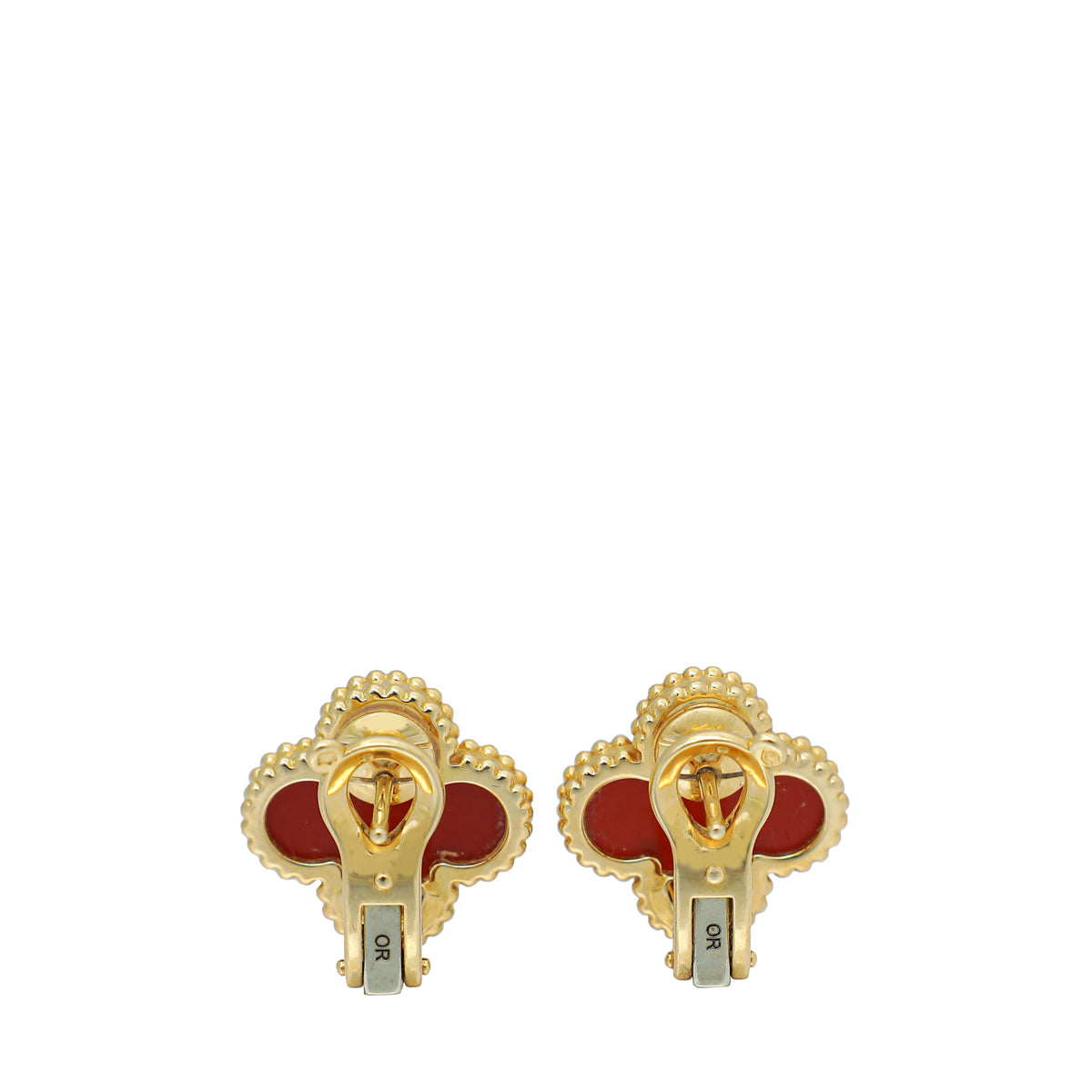 Van Cleef & Arpels 18K Yellow Gold Carnelian Vintage Alhambra Earrings