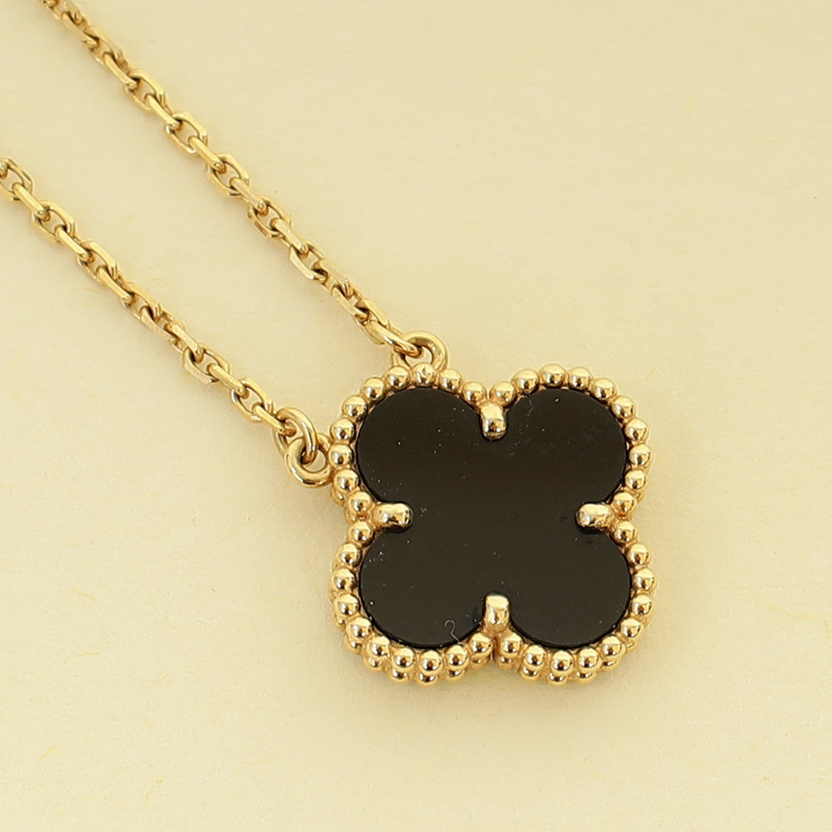 Van Cleef & Arpels 18K Yellow Gold Vintage Alhambra Onyx Pendant Necklace