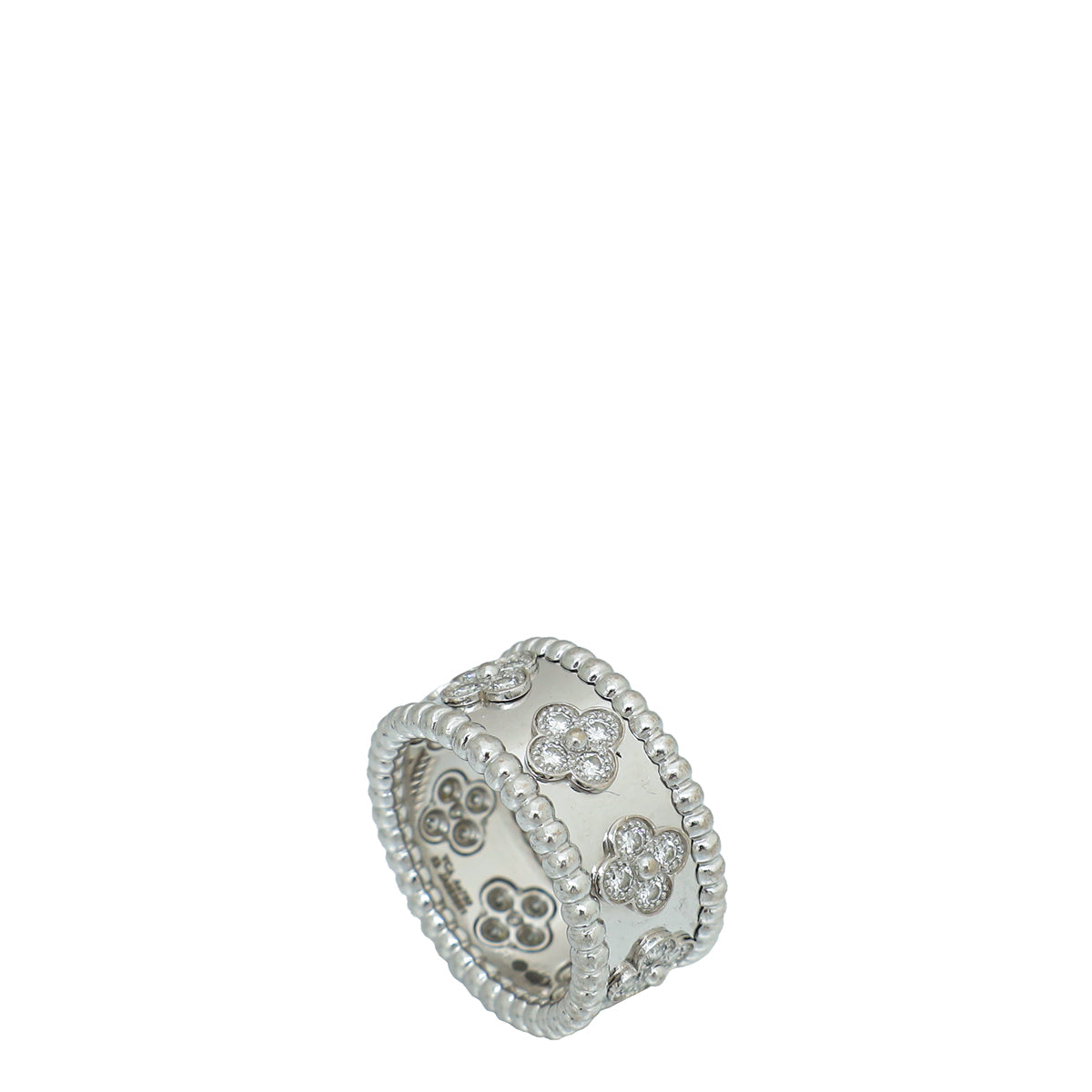 Van Cleef & Arpels 18K White Gold Diamond Perlee Clovers Medium Model Ring 53-Van Cleef & Arpels-THE CLOSET