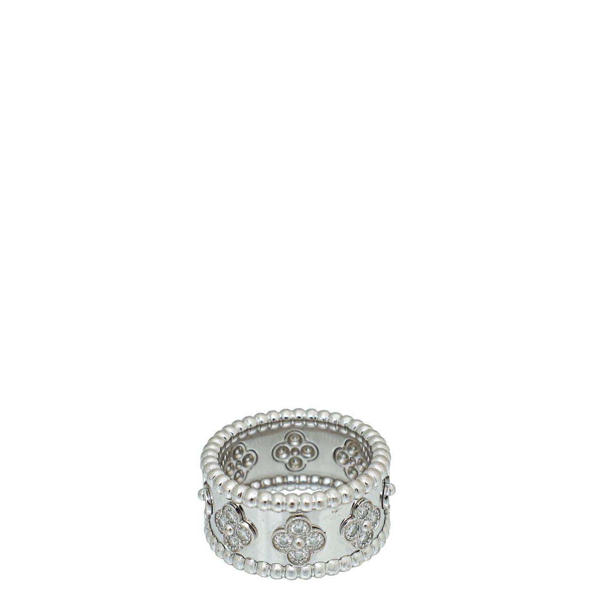 Van Cleef & Arpels 18K White Gold Diamond Perlee Clovers Medium Model Ring 53