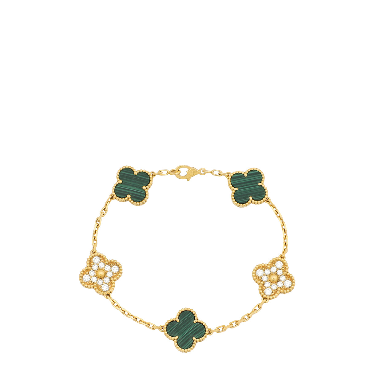 Van Cleef & Arpels 18K Yellow Gold Diamond Malachite 5 Motifs Vintage Alhambra Bracelet