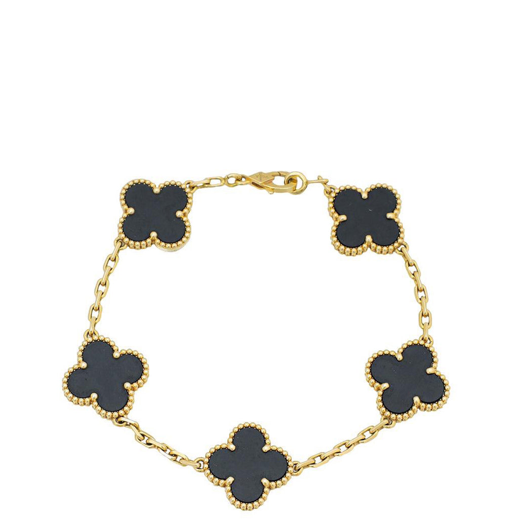 Van Cleef & Arpels 18K Yellow Gold Onyx 5 Motifs Vintage Alhambra Bracelet