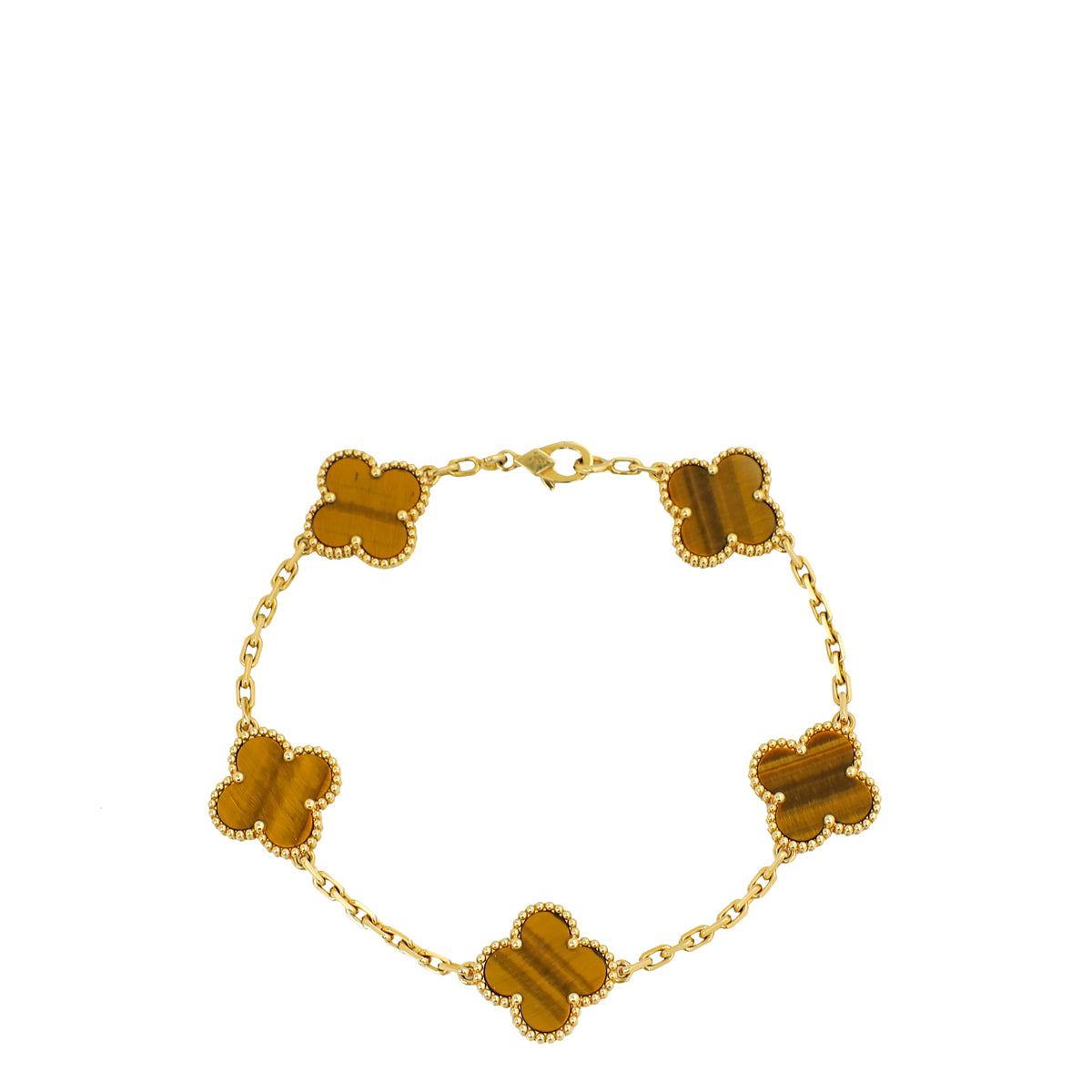 Van Cleef & Arpels 18K Yellow Gold Tiger's Eye 5 Motifs Vintage Alhambra Bracelet