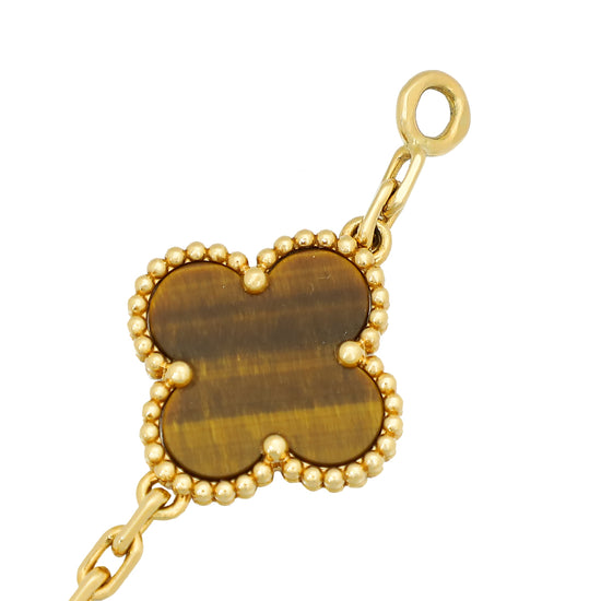 Van Cleef & Arpels 18K Yellow Gold Tiger's Eye 5 Motifs Vintage Alhambra Bracelet