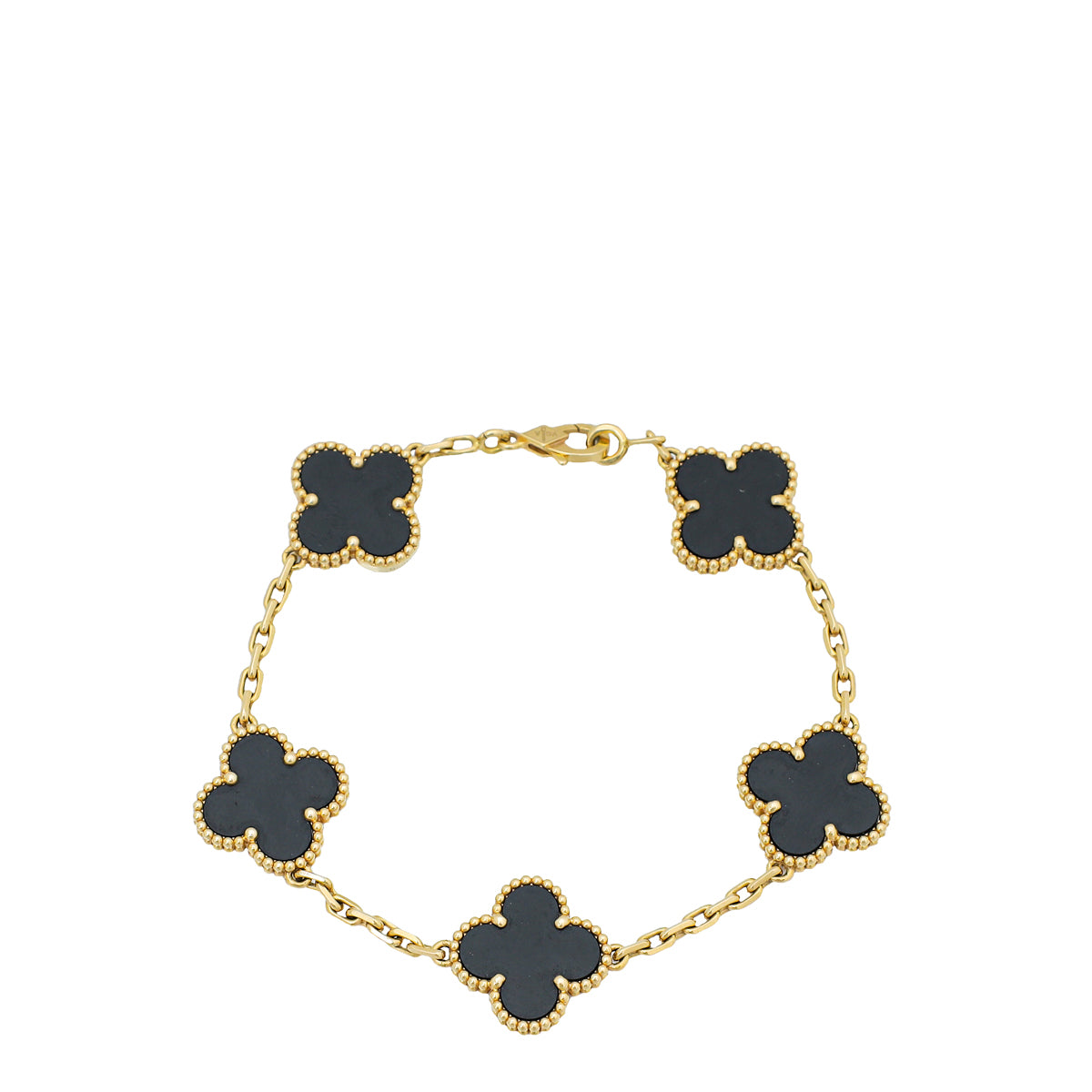 Van Cleef & Arpels 18K Yellow Gold 5 Motifs Onyx Vintage Alhambra Bracelet