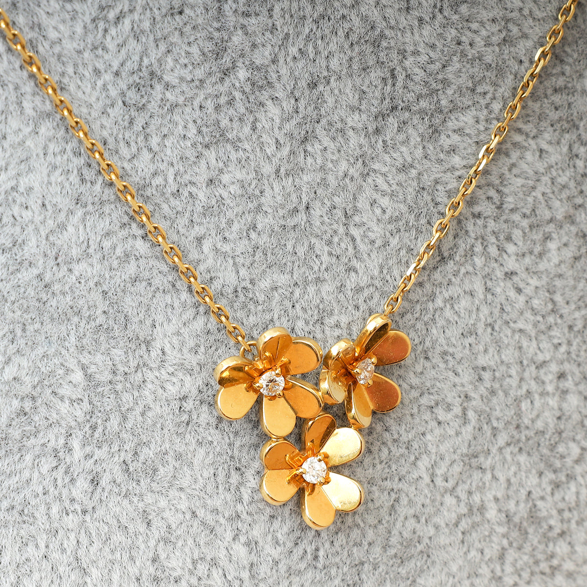 Van Cleef & Arpels 18K Yellow Gold Diamond Frivole 3 Flowers Pendant Mini Model Necklace-Van Cleef & Arpels-THE CLOSET