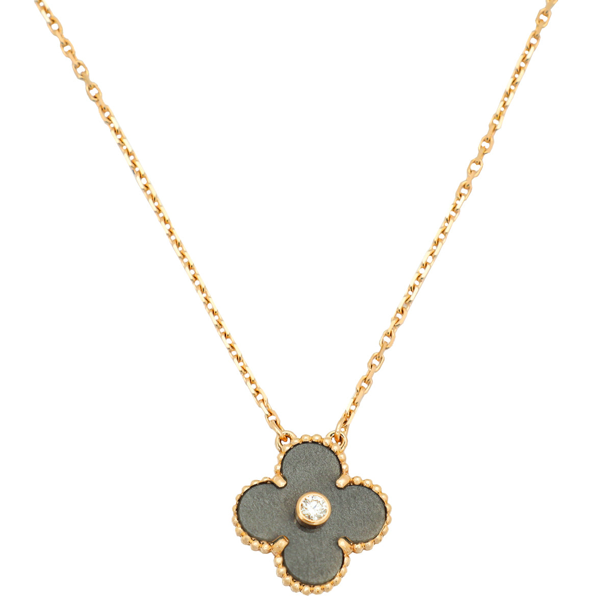 Van Cleef & Arpels 18K Rose Gold Silver Obsidian Vintage Diamond Alhambra Holiday Pendant Necklace-Van Cleef & Arpels-THE CLOSET