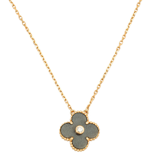 Load image into Gallery viewer, Van Cleef &amp;amp; Arpels 18K Rose Gold Silver Obsidian Vintage Diamond Alhambra Holiday Pendant Necklace
