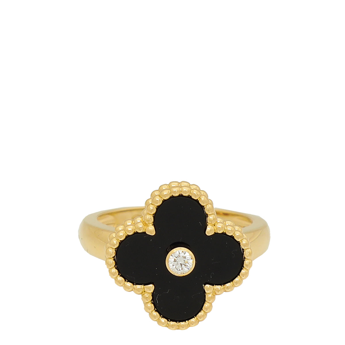 Van Cleef & Arpels 18K Yellow Gold 1 Diamond Onyx Vintage Alhambra Ring 50-Van Cleef & Arpels-THE CLOSET