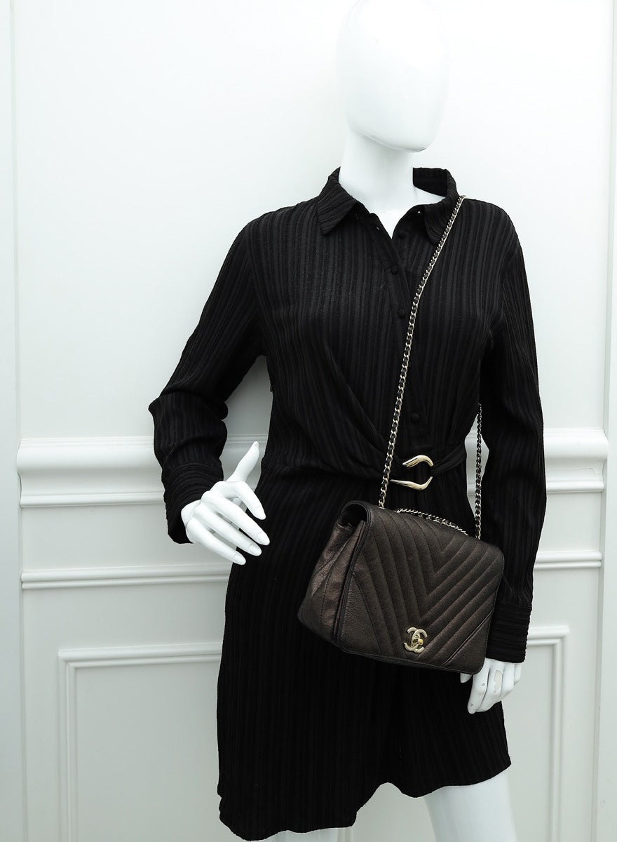 Chanel Dark Brown CC Chevron Statement Flap Bag