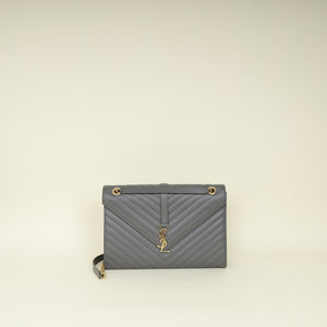 YSL Grey Monogram Chevron Envelope Large Satchel Bag