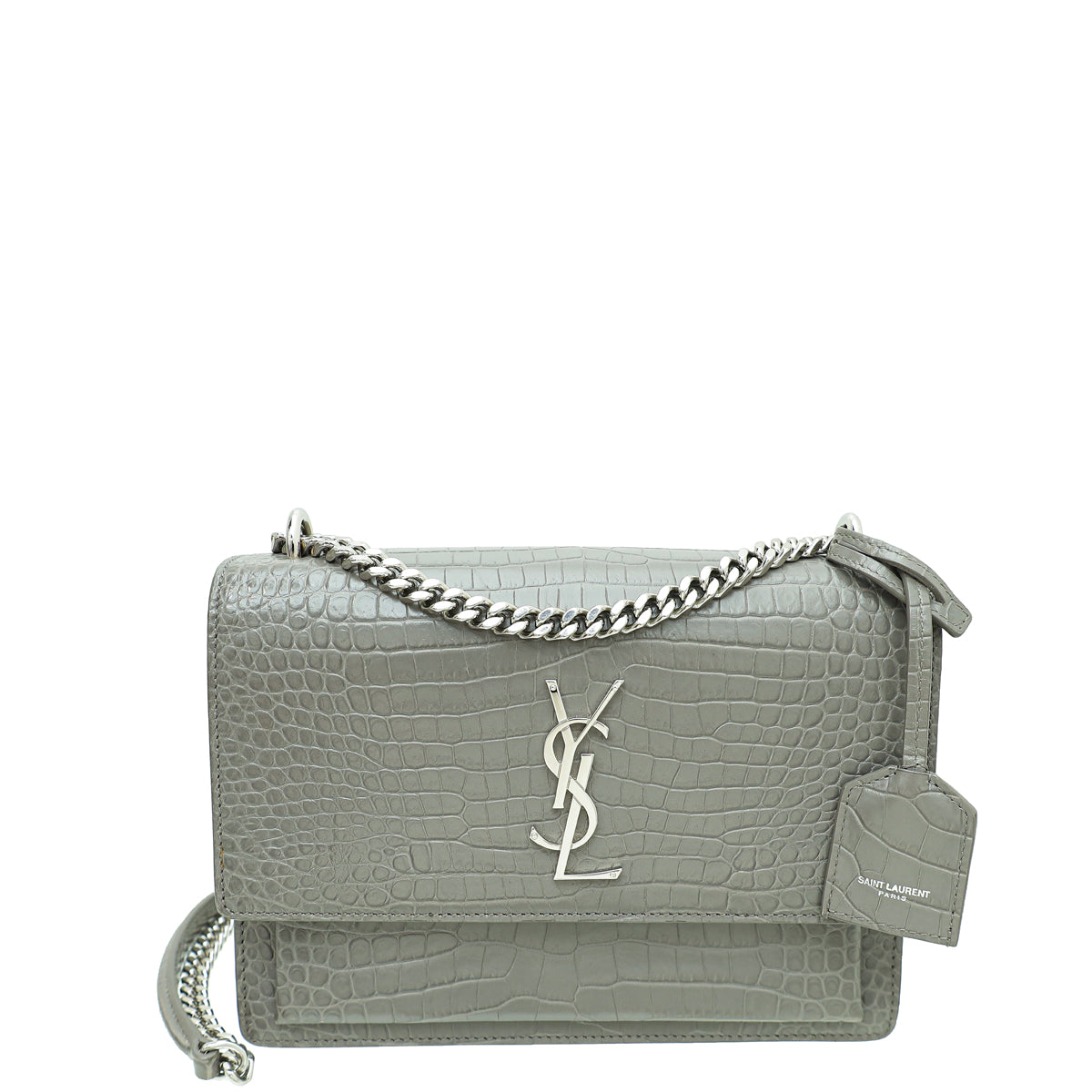YSL Grey Croco Embossed Sunset Medium Shoulder Bag-YSL-THE CLOSET