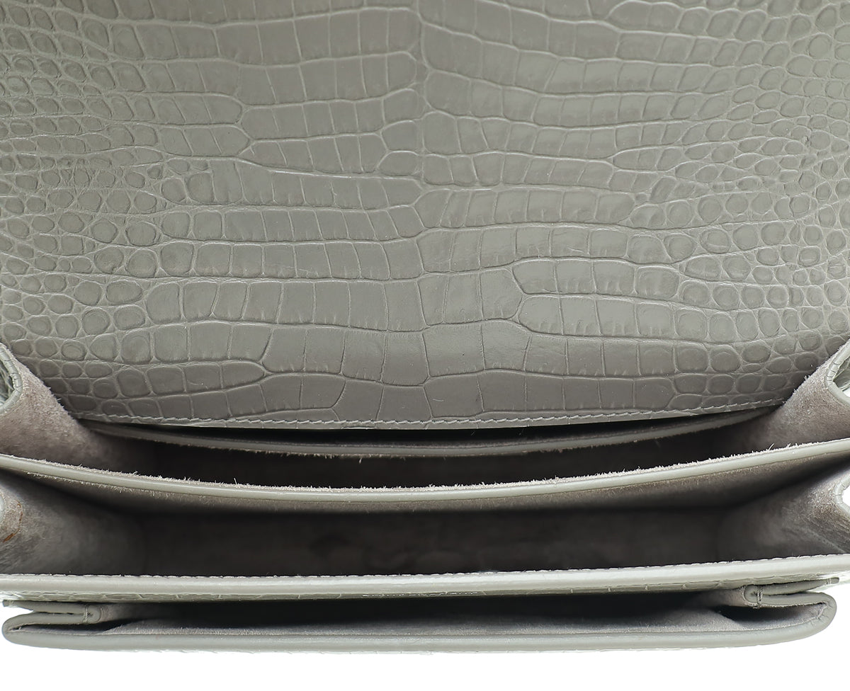 YSL Grey Croco Embossed Sunset Medium Shoulder Bag