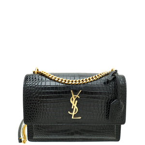 YSL حقيبة كتف متوسطة الحجم منقوشة بنقشة جلد التمساح باللون الأسود