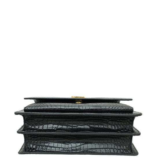 YSL Black Croco Embossed Sunset Medium Shoulder Bag