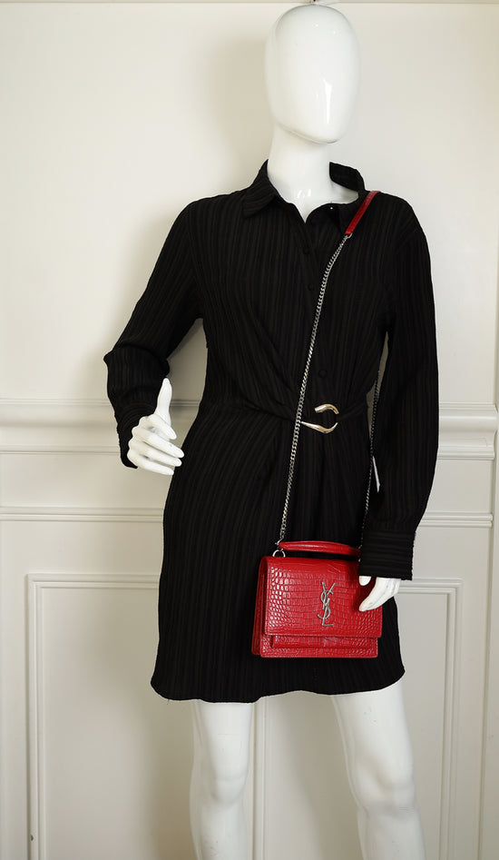 YSL Red Sunset Croco Embossed Wallet On Chain