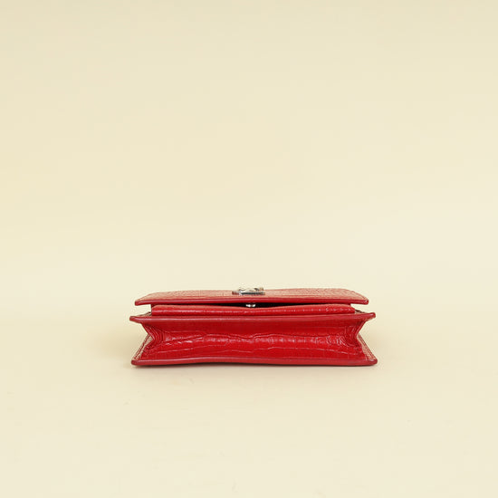 YSL Red Sunset Croco Embossed Wallet On Chain
