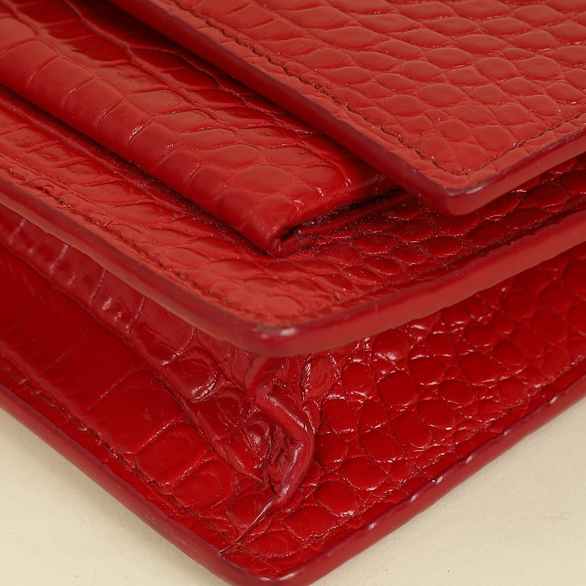 YSL Red Sunset Croco Embossed Wallet On Chain