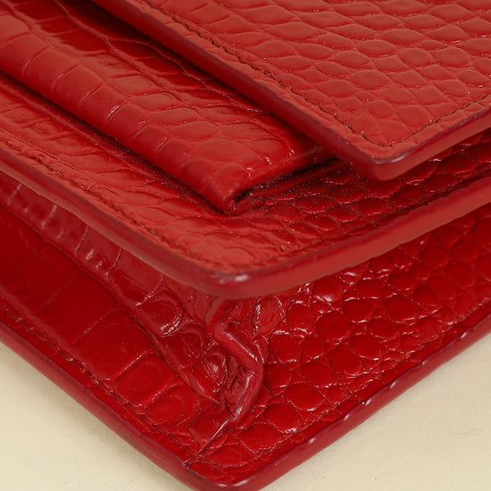 YSL Red Sunset Croco Embossed Wallet On Chain