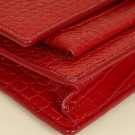 YSL Red Sunset Croco Embossed Wallet On Chain