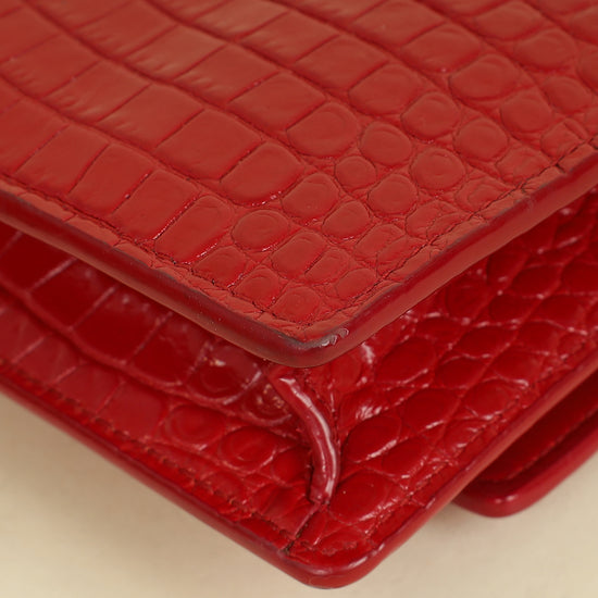 YSL Red Sunset Croco Embossed Wallet On Chain