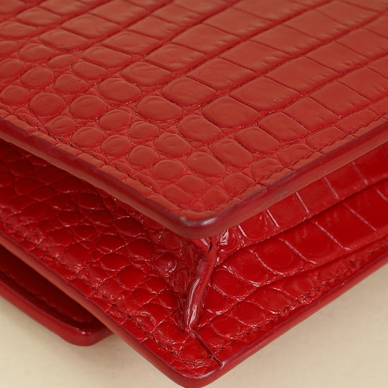 YSL Red Sunset Croco Embossed Wallet On Chain